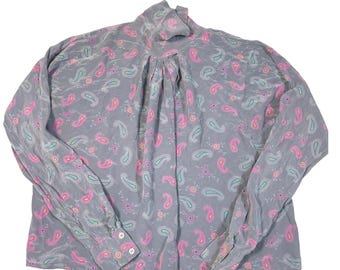 Nordstrom Collectors Shop Vintage 100% Silk Paisley Blouse Blue Pink 8