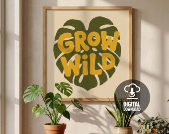 Groovy wachsen wilde Retro Monstera Blatt botanische druckbare Wand-Kunst-Plakat