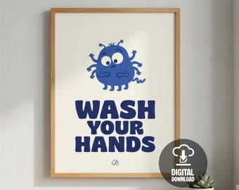 Poster Hände waschen | Verspielte deutsche Illustration, Kinder Badezimmer Kunst (Digitaler Download)