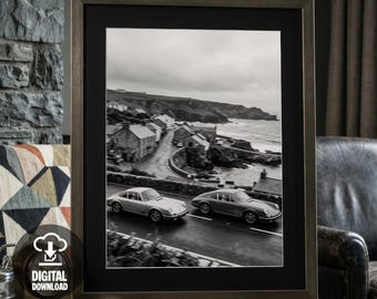 Vintage Porsche Coastal Roadwnast schwarz weiß druckbare Wandkunst Poster
