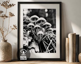 Forest Mushroom Cluster Schwarzweiße Wandkunst zum Ausdrucken