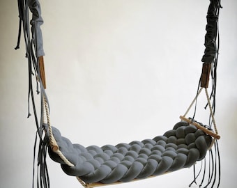 Sculptural Braided Linen Hanging Chair Swing, Minimalist Designer Hammock, Natural Weave
