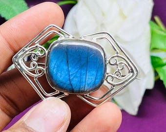 Genuine Blue Fire Labradorite Brooch, Sterling Silver Celtic Scarf Pin, Handmade Designer Jewelry