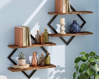 Geometric Diamond Wall Shelf Set Rustic Wood Metal Floating Shelves Modern Industrial Wall Decor for Kitchen Living Room
