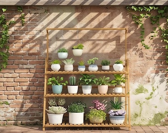 Soporte plegable de bambú de 3 niveles para plantas con barra para colgar / Exhibidor de flores para interiores y exteriores