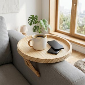 Könnte beinhalten: Ein rundes, helles Holztablett für Sofa-Armlehnen mit Klemmmechanismus. Auf dem Tablett stehen eine weiße Keramiktasse mit braunem Henkel und zwei schwarze Smartphones. Die Holzoberfläche zeigt eine sichtbare Maserung und einen erhöhten Rand.