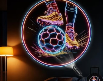 Neon Soccer Player & Ball Projection Lamp, Vibrant Football LED Wall Projector, USB-Powered Sports Night Light, Soccer Fan Room Decor