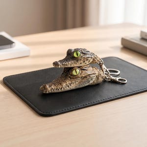 May include: A keychain featuring two realistic crocodile head charms stacked on top of each other. Each crocodile head is textured with brown scales and features a prominent, bright green eye. The charms are attached to a silver metal ring.