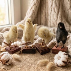 May include: Four fluffy chicks, three yellow and one black, stand on small wooden blocks. Cotton bolls and dried grasses are scattered around them on a textured, neutral-toned surface. A cozy, cream-colored knitted blanket is in the background.