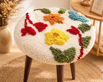 Tufted Floral Wooden Stool | Punch Needle Flower Vanity Stool | Colorful Embroidered Wooden Footstool | Boho Cute Plant Stand | Aesthetic
