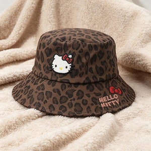 Fashion Kitty Bucket Hat, Leopard Print Kitty Hat, Embroidered Kitty Sun Hat, Y2K Aesthetic Kitty Accessory, Gift for Kitty Lovers