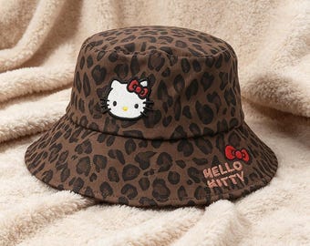 Fashion Kitty Bucket Hat, Leopard Print Kitty Hat, Embroidered Kitty Sun Hat, Y2K Aesthetic Kitty Accessory, Gift for Kitty Lovers