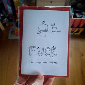 A6 CARD, BAD BODY, blank inside, ts attic illustration, doodle, funny, humourous, rosa, small print recycled heavyweight paper, colorful
