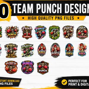 Könnte beinhalten: Ein digitales Grafikdesign mit 20 "Team Punch Designs" im PNG-Format. Jedes Design zeigt einen Gorilla mit Boxhandschuhen, mit dem Text "Team Punch". Die Designs sind in verschiedenen Formen und Farben gehalten, mit dem Text "High Quality PNG Files".