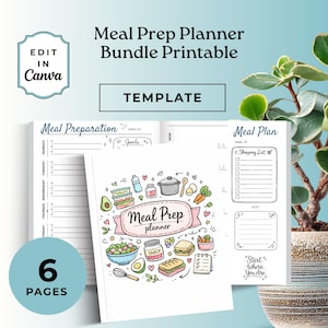May include: A printable meal prep planner bundle with a white cover featuring a colourful illustration of food items. The planner includes sections for meal preparation and meal planning, with the text "Meal Prep Planner Bundle Printable" at the top. The words "Edit in Canva" are also visible.