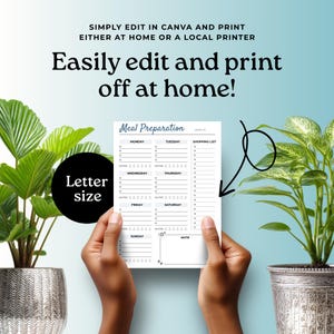 May include: A white meal preparation planner with a blue header is held by hands. The planner includes sections for each day of the week, a shopping list, and a water intake tracker. Text on the image says "Easily edit and print off at home!"