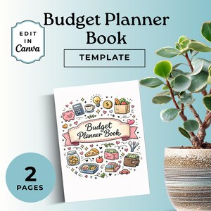 Op de afbeelding: Een wit budgetplannerboek met de tekst "Budget Planner Book" en "TEMPLATE". De omslag bevat kleurrijke illustraties van financiële iconen. De tekst "2 PAGES" is ook zichtbaar. De woorden "EDIT IN Canva" zijn ook zichtbaar.
