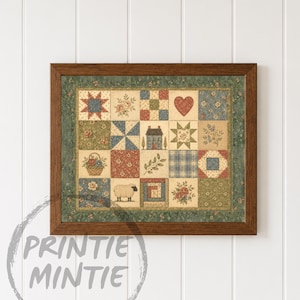 May include: A framed wall art print featuring a patchwork quilt design with twenty individual squares. The pattern includes illustrations of a house, a sheep, a heart, floral arrangements, stars, and geometric shapes in shades of red, blue, and green.