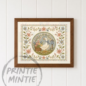 Vårgås Faux Korsstygn Tryck, Countrycore Farmhouse Broderi Sampler, Country Geeses Vintage Utskrivbar Väggkonst, Digital Nedladdning