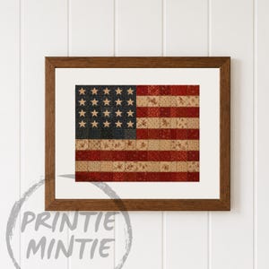 Vintage American Flag Patchwork Quilt Print, Cottage Wall Art, Farmhouse Decor, Country Printable, Living Room Wall Art, Digital Download