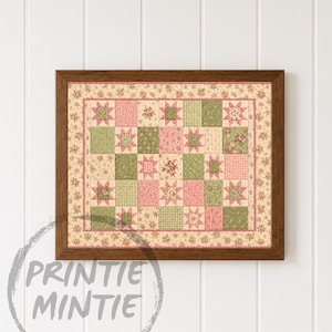 Vintage Pink Faux Patchwork Quilt Print, CottageCore, Retro Farmhouse Decor, Country Grandma Printable, Pastel Wall Art, Digital Download