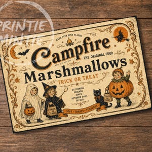 May include: A rectangular vintage-style sign featuring Halloween illustrations of children in costumes, a black cat, and a crescent moon. The text reads Campfire Marshmallows, The Original Food, Trick or Treat, and Gathering Friends Since October Days of Old.