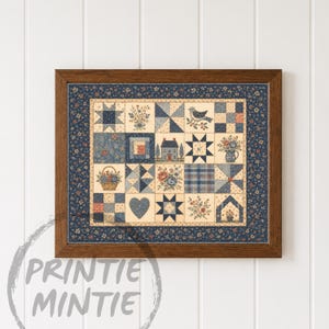 May include: A framed wall art piece featuring a grid of sixteen square quilt blocks in shades of navy blue, cream, and muted red. The blocks display patterns of stars, flowers, a house, a bird, a heart, and a basket. A dark wood frame surrounds it.