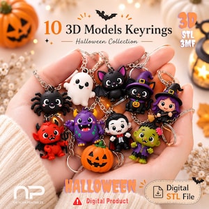 Puede incluir: Una colección de 10 llaveros con modelos 3D de personajes de Halloween, incluyendo un fantasma, murciélago, gato negro, bruja, araña, diablo rojo, monstruo morado, vampiro, calabaza y una figura tipo Frankenstein, como archivo digital STL.