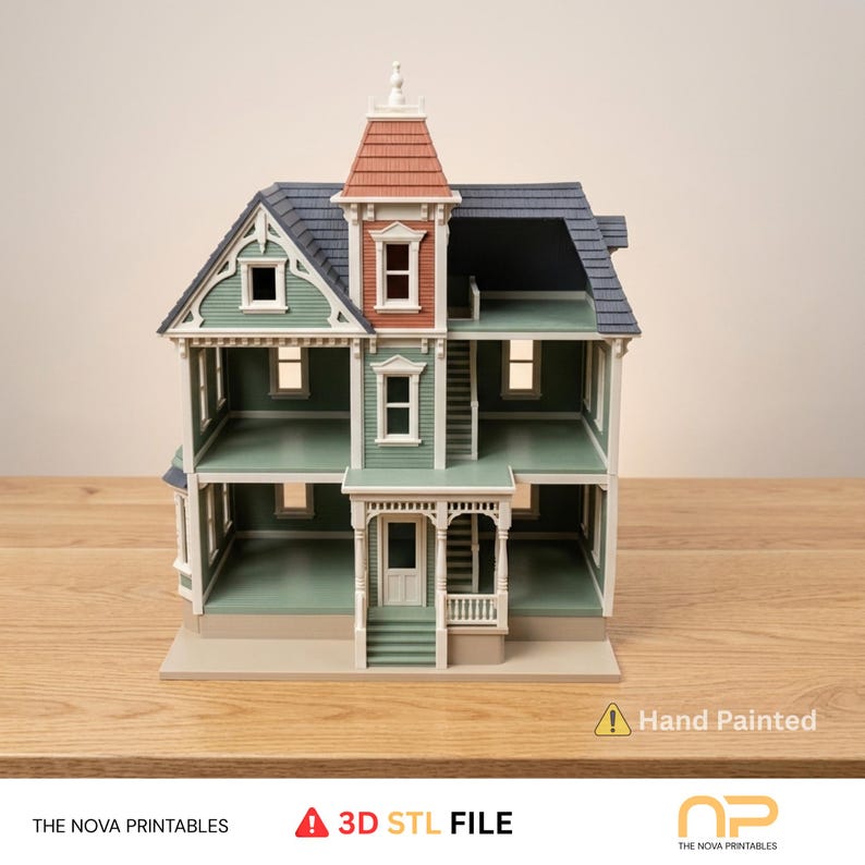 May include: A multi-story dollhouse featuring sage green exterior walls, a dark blue roof, and a central tower with a terracotta-colored roof. The structure includes white window frames, a front porch with stairs, and interior levels. Text reads: Hand Painted, 3D STL FILE, THE NOVA PRINTABLES.