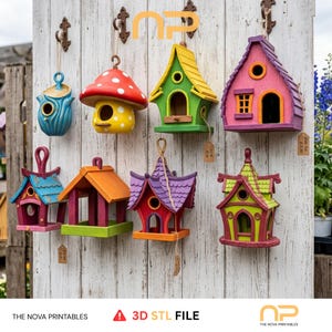 May include: A collection of eight colorful birdhouses hanging on a white wooden wall. The birdhouses feature various shapes, including a mushroom, a tree stump, and multi-story structures in shades of pink, yellow, green, blue, and purple.