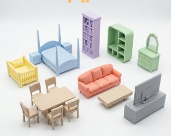 May include: A collection of miniature dollhouse furniture in pastel colors, including a light blue bed with nightstands, a yellow crib, a lavender bookshelf, a green vanity, a peach sofa, a beige dining set, and a gray television unit. Text reads NP.