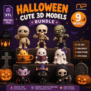 May include: A digital bundle of 9 Halloween 3D models featuring stylised figures including a mummy, skeleton, zombie, ghost in a pumpkin cup, ghost reading a book, ghost with a bow, vampire, cat in a witch hat, and a grim reaper, with text labels.