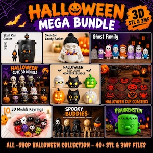Könnte beinhalten: Eine digitale Sammlung von 3D-druckbaren Halloween-Dateien, darunter ein Totenkopf-Dosenkühler, ein Skelett-Süßigkeitenkorb, Geisterfiguren, LED-Monsterlichter, Untersetzer, Schlüsselanhänger, gruselige Kumpel und ein grüner Frankenstein-Kopfbehälter.