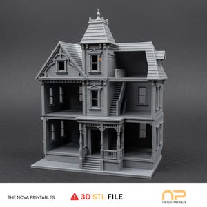 May include: A gray 3D printed miniature dollhouse featuring multiple levels, an open front design, a central tower with a peaked roof, a front porch with stairs, and various window frames. The text THE NOVA PRINTABLES and 3D STL FILE is visible.