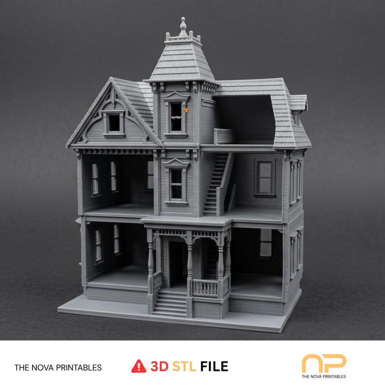 May include: A gray 3D printed miniature dollhouse featuring multiple levels, an open front design, a central tower with a peaked roof, a front porch with stairs, and various window frames. The text THE NOVA PRINTABLES and 3D STL FILE is visible.
