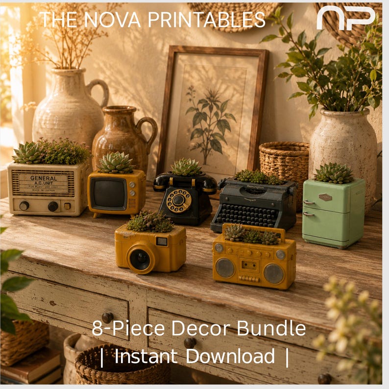 Pu&ograve; includere: Una collezione di sei vasi decorativi a forma di oggetti vintage, tra cui una radio, un televisore, un telefono a disco, una macchina da scrivere, una fotocamera e un frigorifero, ognuno contenente una piccola pianta succulenta.