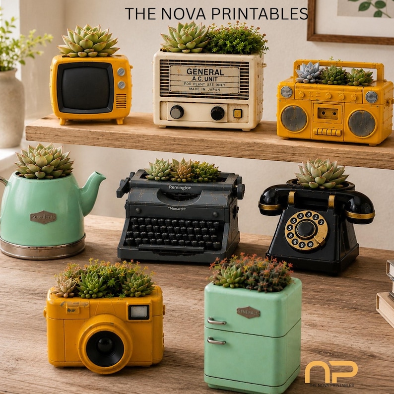 Pu&ograve; includere: Una collezione di otto vasi decorativi a forma di oggetti vintage, tra cui un televisore giallo, una radio, un boombox, un bollitore verde menta, una macchina da scrivere nera, un telefono a disco, una fotocamera gialla e un frigorifero.