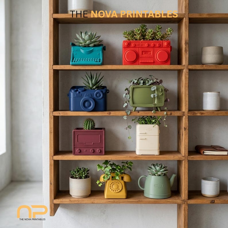 Pu&ograve; includere: Uno scaffale in legno con vari vasi a forma di oggetti vintage, tra cui una macchina da scrivere turchese, un boombox rosso, una fotocamera blu, un televisore verde, una radio bordeaux, un frigorifero color crema e una teiera verde salvia.