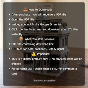 May include: A gray 3D model of a multi-story Victorian house with text instructions for downloading STL files. The text outlines the process for accessing a Google Drive link via a PDF, confirming this is a digital product for personal use.