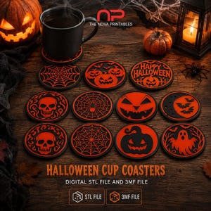 Puede incluir: Un juego de diez posavasos circulares con diseños de Halloween en naranja y negro, incluyendo calaveras, telarañas, calabazas, murciélagos y un fantasma. El texto dice HAPPY HALLOWEEN, HALLOWEEN CUP COASTERS, DIGITAL STL FILE AND 3MF FILE.