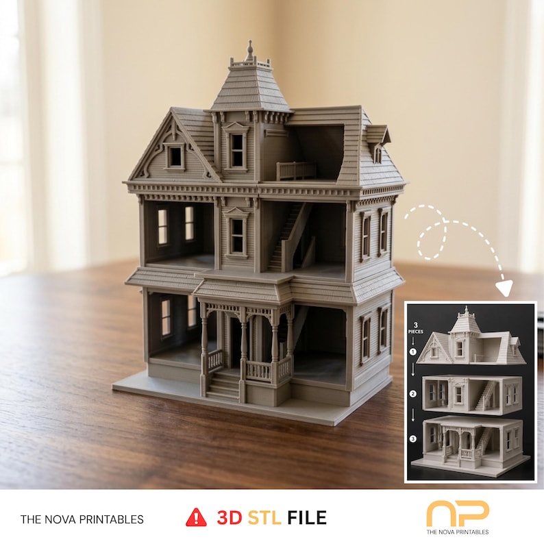 May include: A beige 3D printed dollhouse model with multiple levels, a central tower, and detailed architectural features. An inset graphic shows the structure disassembled into three distinct horizontal sections labeled 1, 2, and 3.