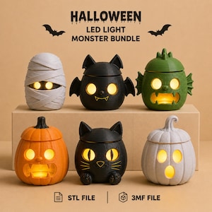 May include: A Halloween LED light monster bundle featuring six figures: a white mummy, a black bat, a green monster, an orange pumpkin, a black cat, and a white pumpkin. The text reads HALLOWEEN LED LIGHT MONSTER BUNDLE, STL FILE, and 3MF FILE.