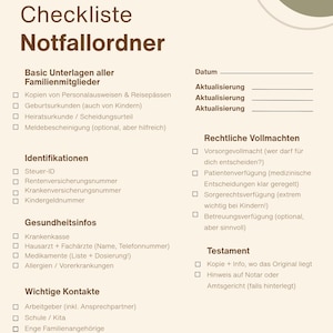 May include: A beige checklist titled "Family Emergency Binder" with sections for basic documents, identifications, health information, important contacts, and legal powers of attorney. The text is in dark brown.