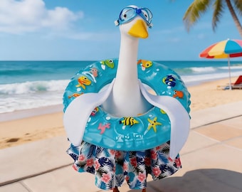 Hawaiian Pool Party Porch Goose Outfit, Swim Ring & Goggles Beach Costume for 23" Lawn Goose, Summer Tropical Yard Decor