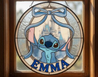 Personalized Stitch Suncatcher, Custom Name Lilo and Stitch Stained Glass Window Art, Blue Alien Gift for Fan,Disneyland Inspired Suncatcher
