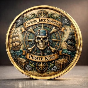 May include: A gold-colored coin featuring a skull with a blue bandana, crossed bones, and the text "Captain Jack Sparrow" and "Pirate King." The coin also depicts pirate ships, treasure chests, and a compass rose.