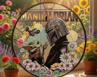 StarWars The Mandalorian and Grogu Window Hanging, Disneyland Starwars Inspired Stained Glass Suncatcher, Mandalorian Window Decor Gift
