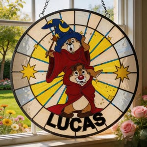 Personalized Chip 'n' Dale Stained Glass Suncatcher, Disneyland Chip Dale The Sorcerer's Apprentice Window Hanging, Window Decor Gift