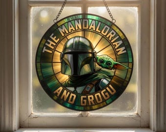 StarWars The Mandalorian and Grogu Window Hanging, Disneyland Starwars Inspired Stained Glass Suncatcher, Mandalorian Window Decor Gift