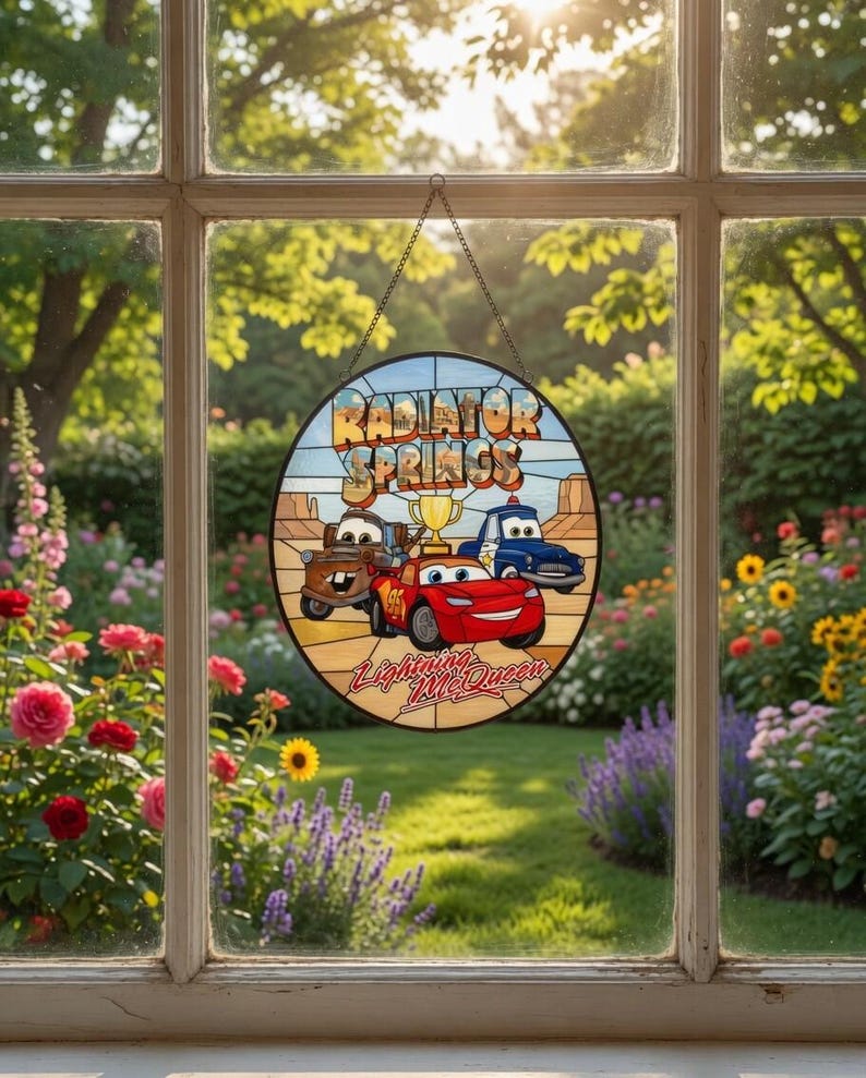 Atrapasueños de Rayo McQueen de Radiator Springs, decoración para ventana de Rayo McQueen y Tow Mater de Disneyland, decoración de DisneyCar, adorno para ventana de DisneyCar imagen 1